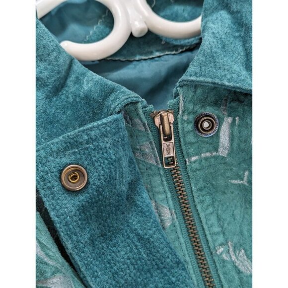 Paris Sport Club Womens Suede Turquoise Bomber Jacket Vtg Size Large Leaf Motif - Picture 12 of 16